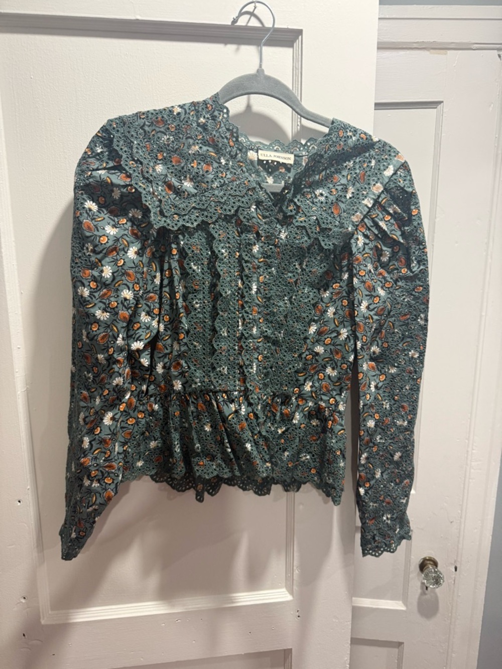 Ulla Johnson Teal Floral Lace-Trim Button Blouse